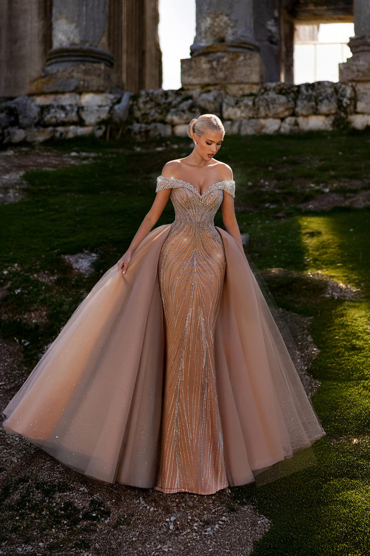 Champagne Sequin Dress with Off Shoulder Bodice and Overskirt – Sequin Ball Gown Plus Size