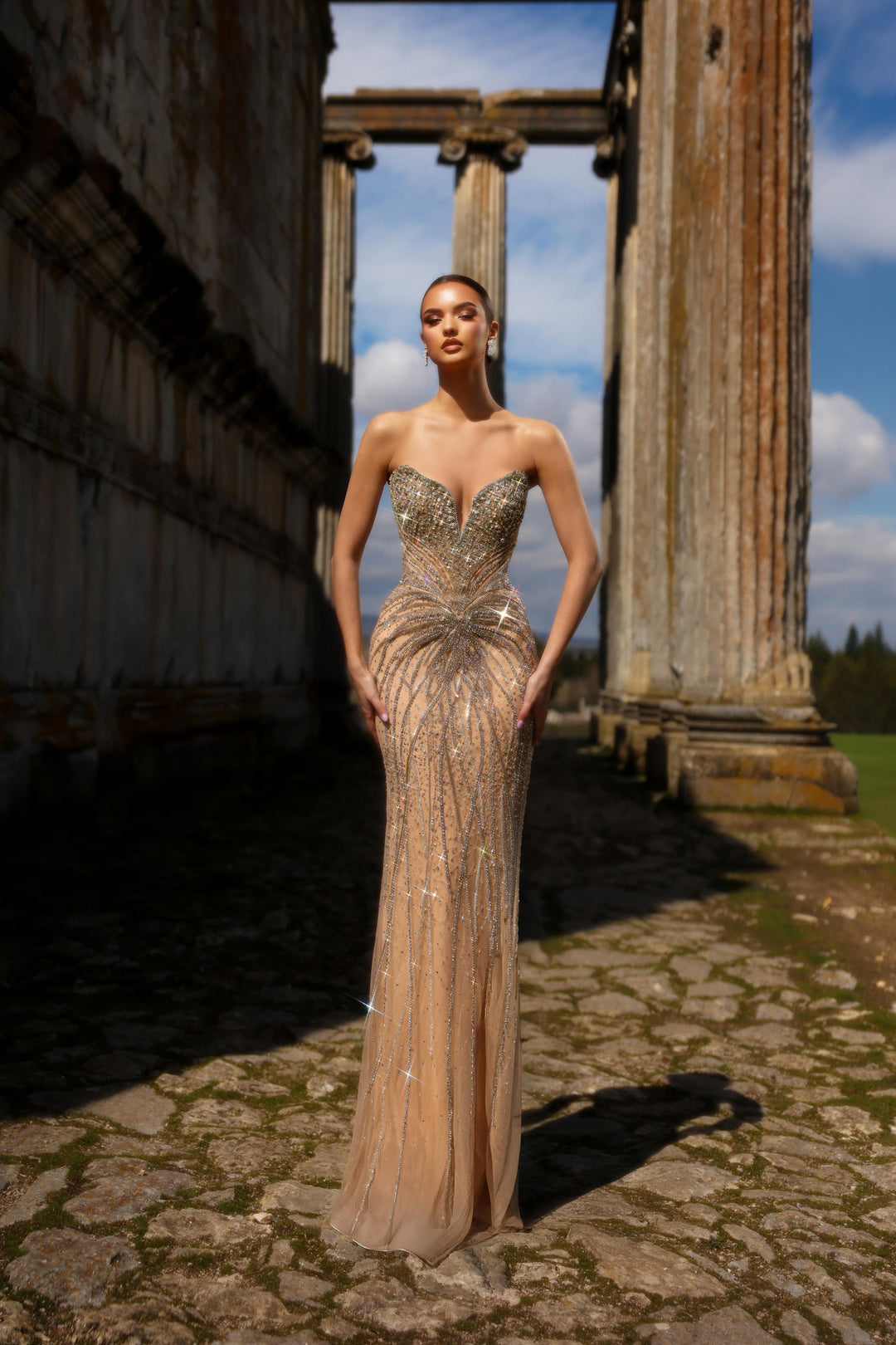 Champagne Sequin Dress with Sweetheart Bodice – Sparkly Maxi Dress