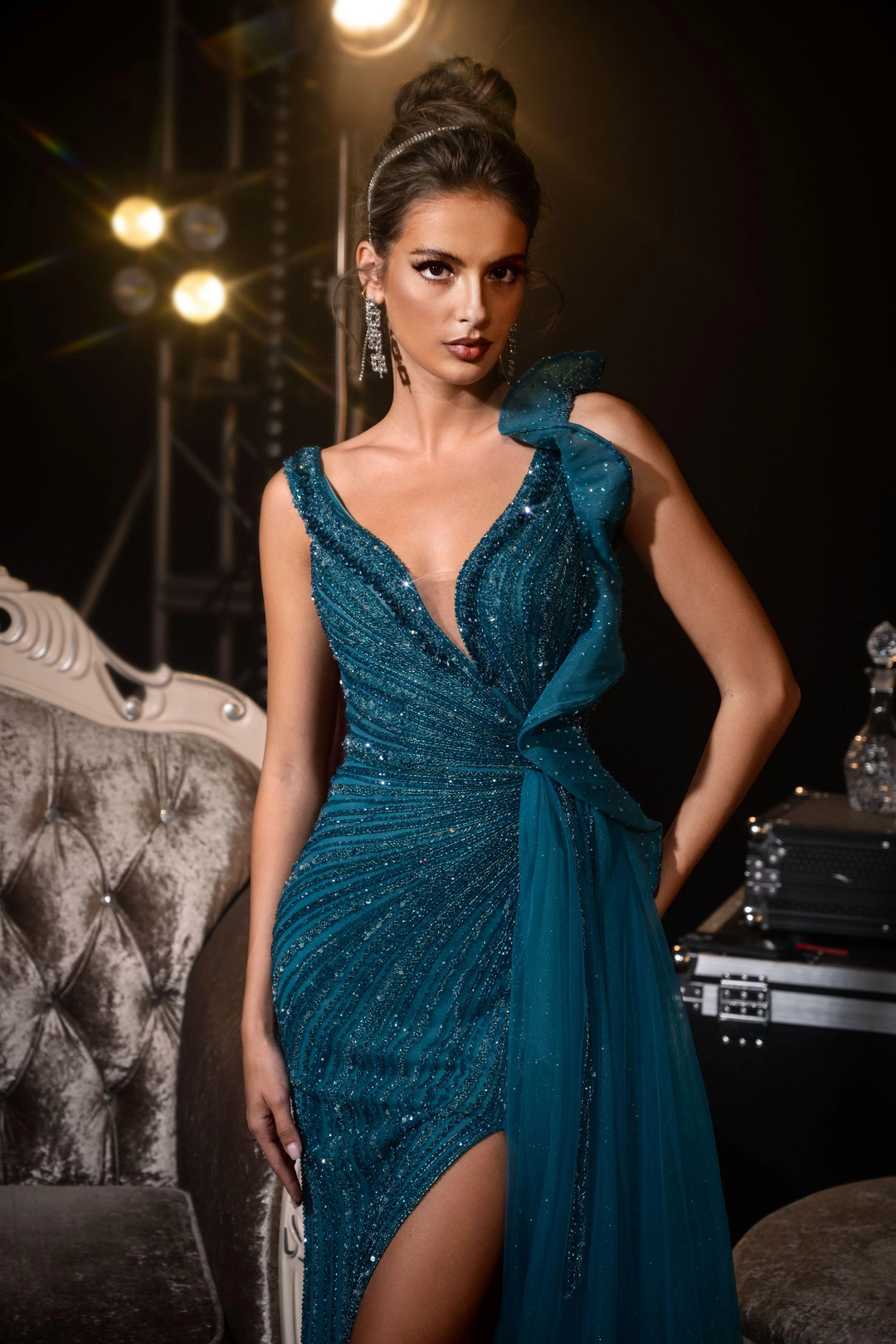 Gothic Teal Green Designer Sequin Gown with Draped Shoulder Detail - Teal Sequins Evening Gown and Side Slit Plus Size