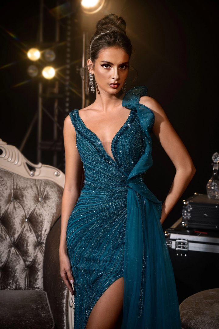 Gothic Teal Green Designer Sequin Gown with Draped Shoulder Detail - Teal Sequins Evening Gown and Side Slit Plus Size