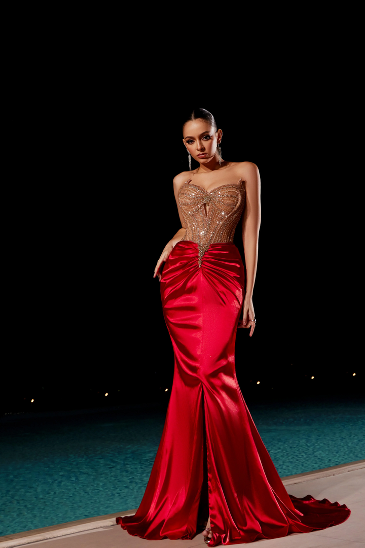 Red Sequin Evening Gown with Beaded Corset Top – Designer Sequin Gown with High Slit and Satin Train Plus Size