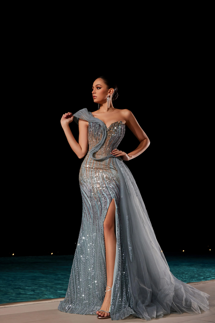 Sage Green Sequin Evening Gown with One-Shoulder Design – Embellished Gown with High Slit and Sheer Tulle Train Plus Size