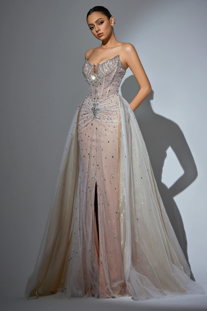 White Strapless Glitter Dress with High Slit - Embellished Gown with Beaded Detailing – Pink Sequin Dress Plus Size