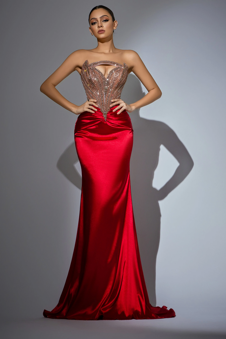 Red Sequin Evening Gown with Beaded Corset – Strapless Glitter Dress with Satin Skirt and High Slit Plus Size
