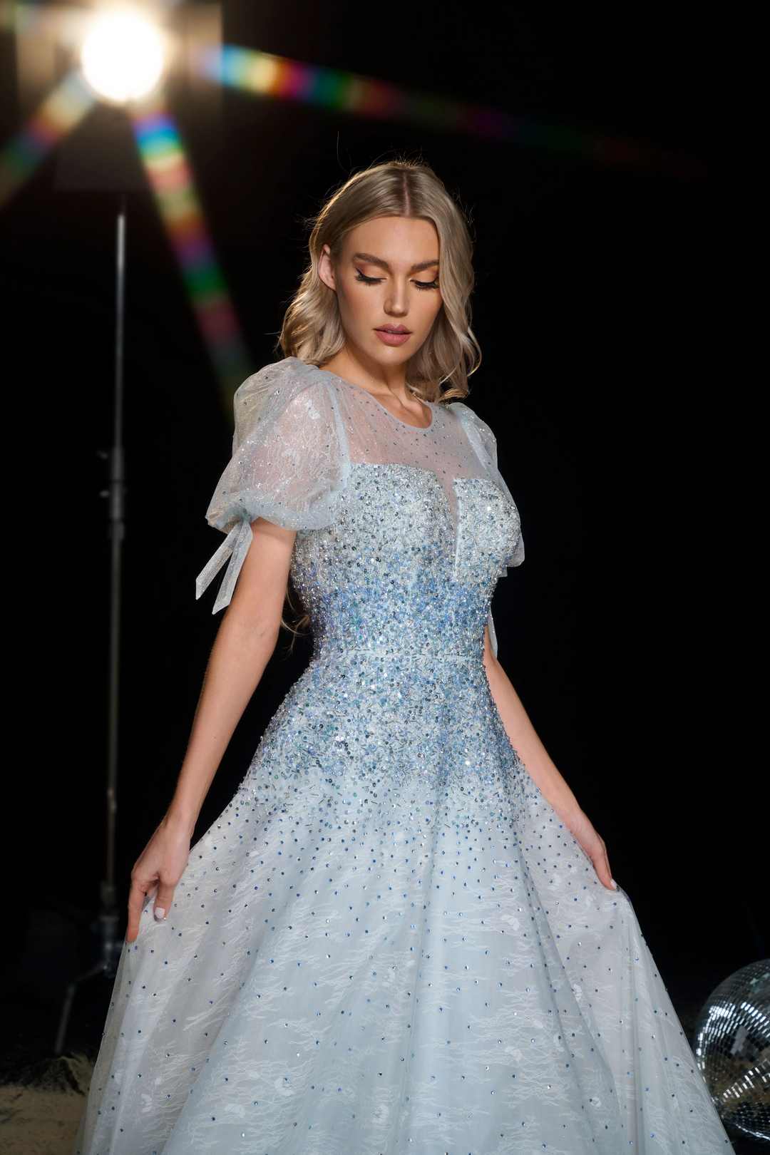 Baby Blue Sequin Ball Gown with Puff Sleeves - Embellished Gown with Sweetheart Neckline - Sparkly Blue Sequin Dress Plus Size