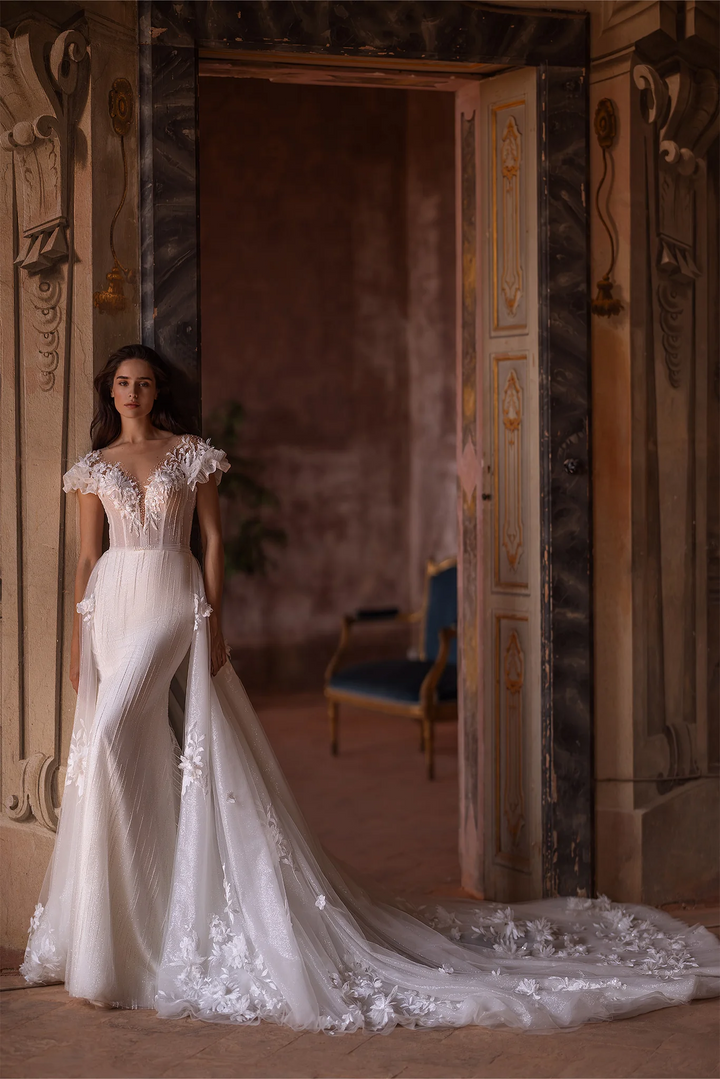 Ivory Lace Floral Wedding Dress with Puffed Sleeves and Convertible Train –  Tulle Mermaid Wedding Gown with Flower Embellishments Plus Size