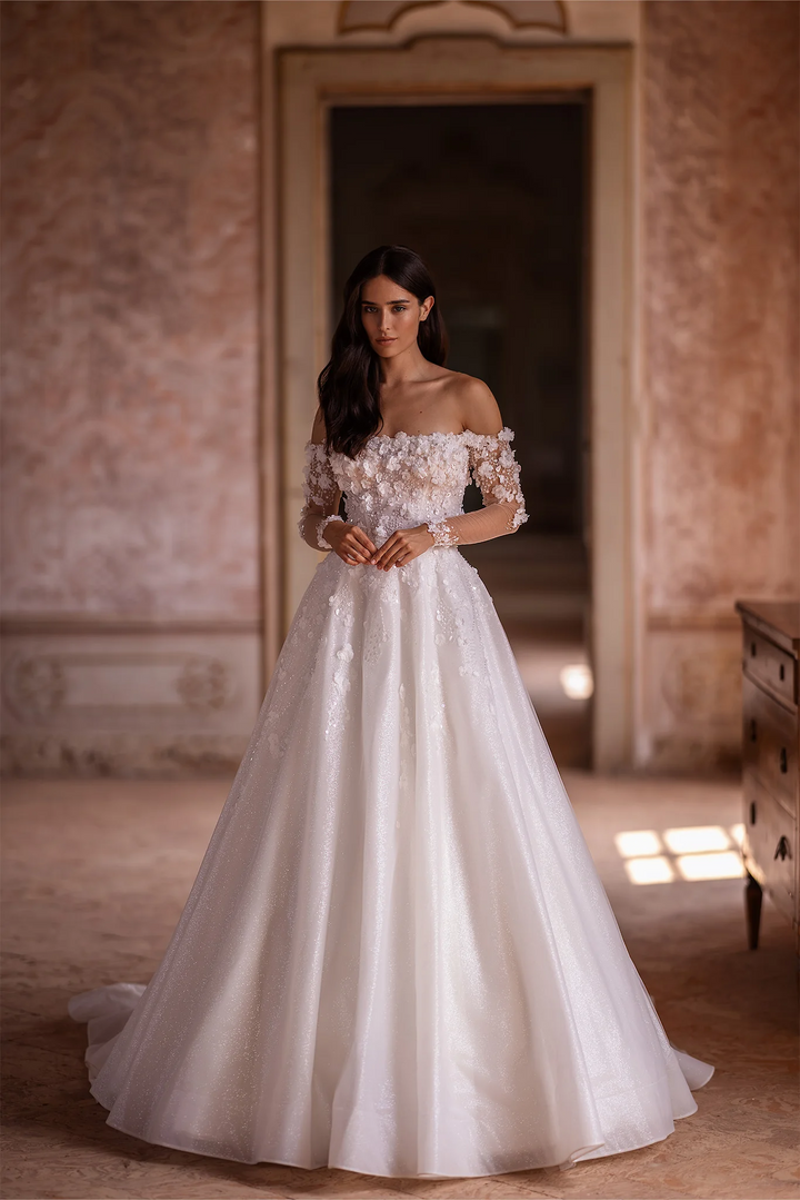 Ivory Floral A-Line Wedding Dress with Low-Cut Neckline – Off-Shoulder Wedding Dress with Pearly Sequins and Floral Motif Plus Size