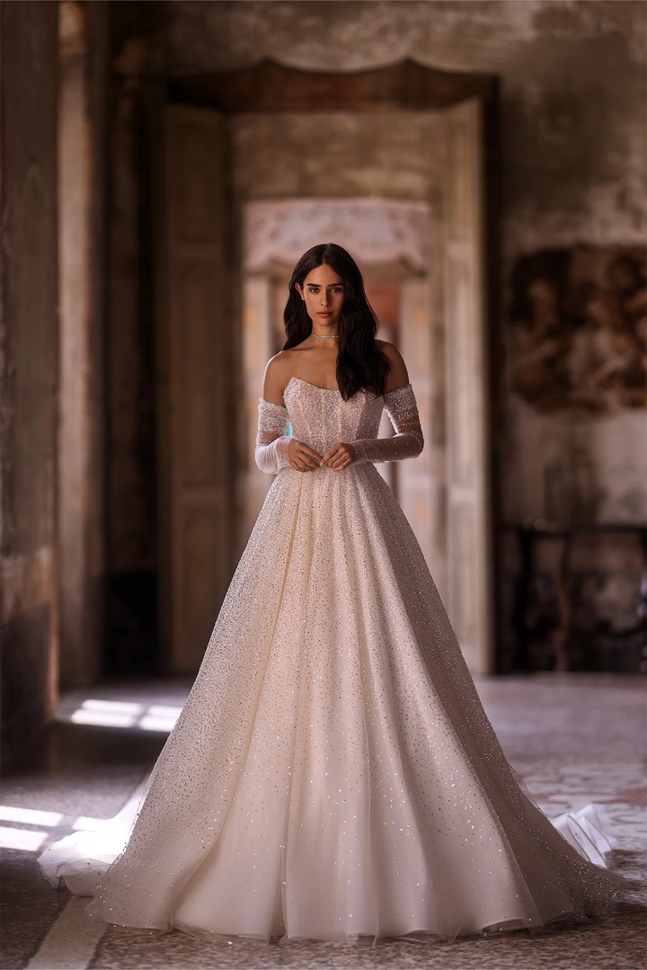 Ivory Lace A-Line Wedding Dress with Convertible Off-the-Shoulder Sleeves – Strapless Wedding Dress with Sequin and Long Train Plus Size