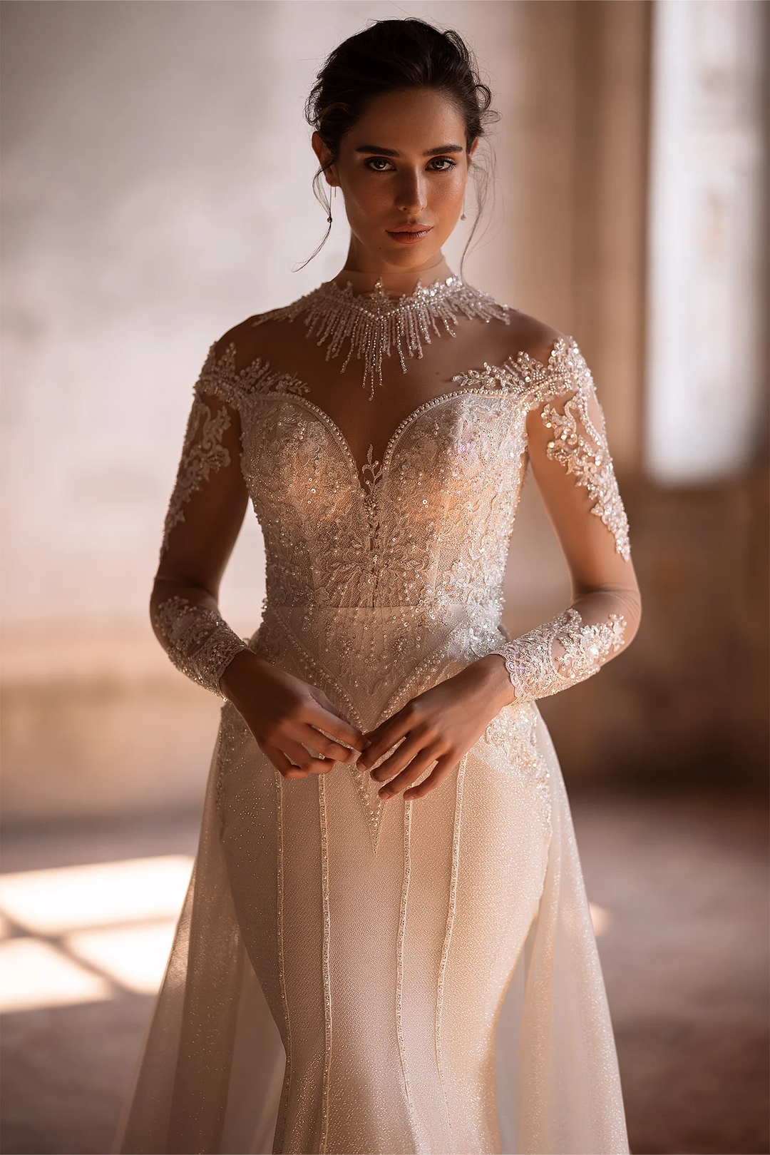 Ivory Sparkly Ball Gown Wedding Dress with Long Sleeves and Convertible Train - Embellished Mermaid Gown with Motif Details Plus Size