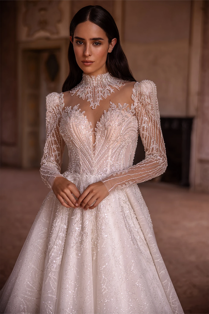 Ivory Long Sleeves Wedding Dress - Sparkly Ball Gown Wedding Dress with Jeweled Illusion Back – Embellished Gown with A-Line and Feminine Accents Plus Size