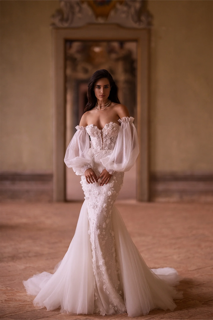 Ivory Tulle Mermaid Wedding Dress with Sheer Flower Patches and Convertible Puff Sleeves – Strapless Wedding Gown with Sheer Train Plus Size