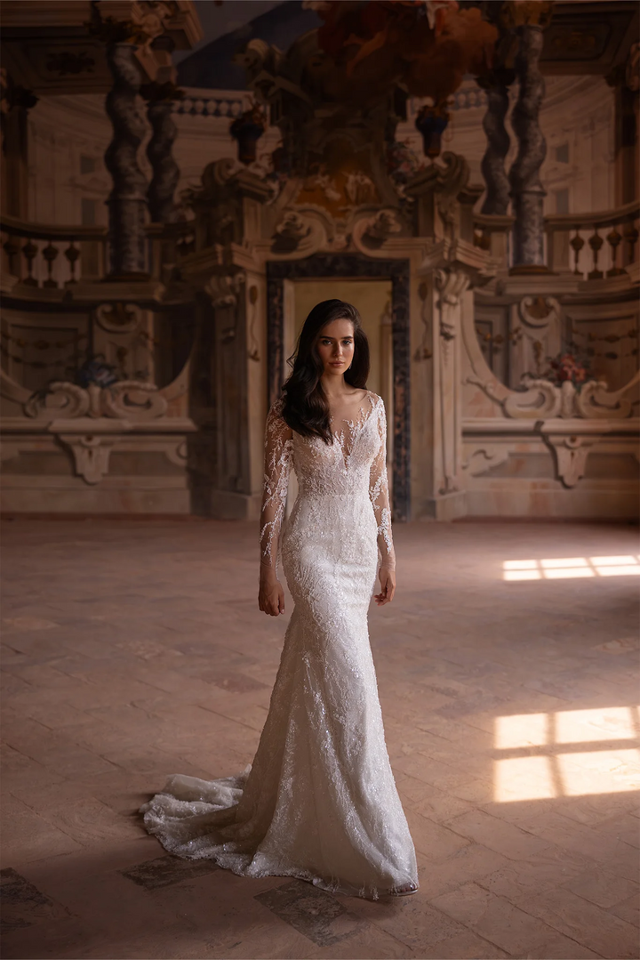 Ivory Tulle Mermaid Wedding Dress with V-Neck and Long Sleeves – Embellished Wedding Gown with Jeweled Details and Train Plus Size