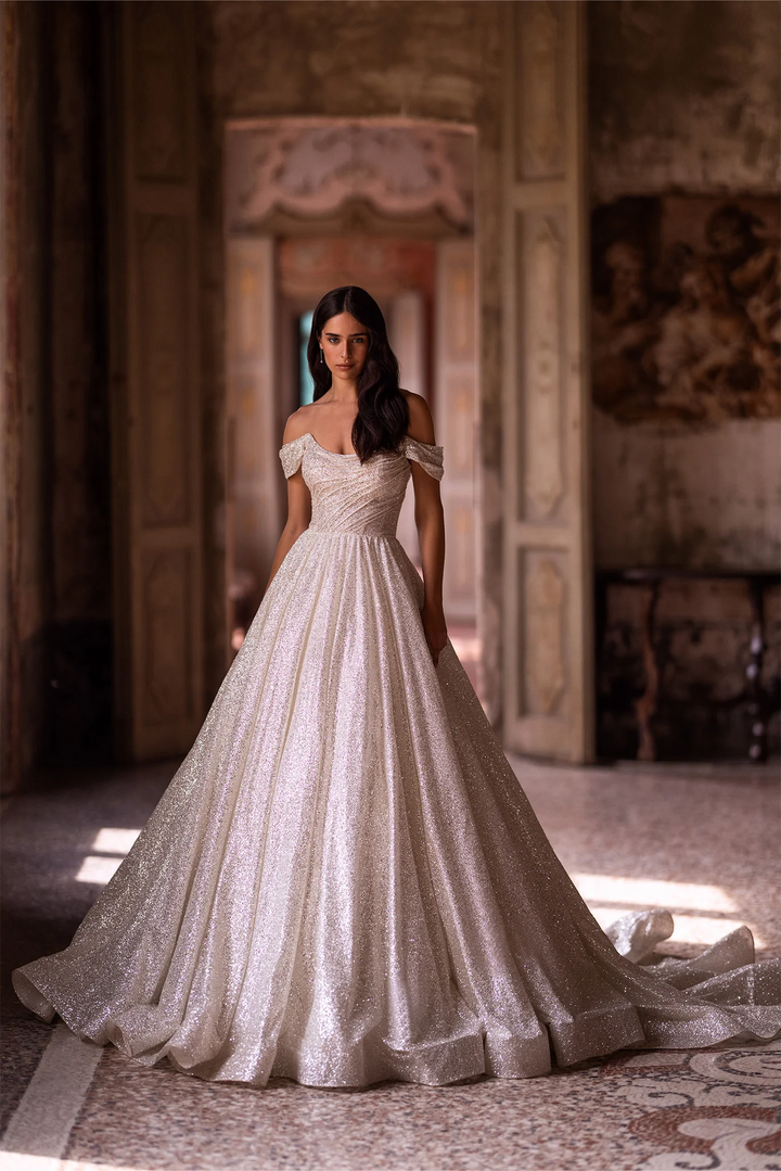 Ivory Off-the-Shoulder Wedding Dress with Low-Cut Neckline – Sequin Ball Gown Wedding Dress with Flowing Train Plus Size
