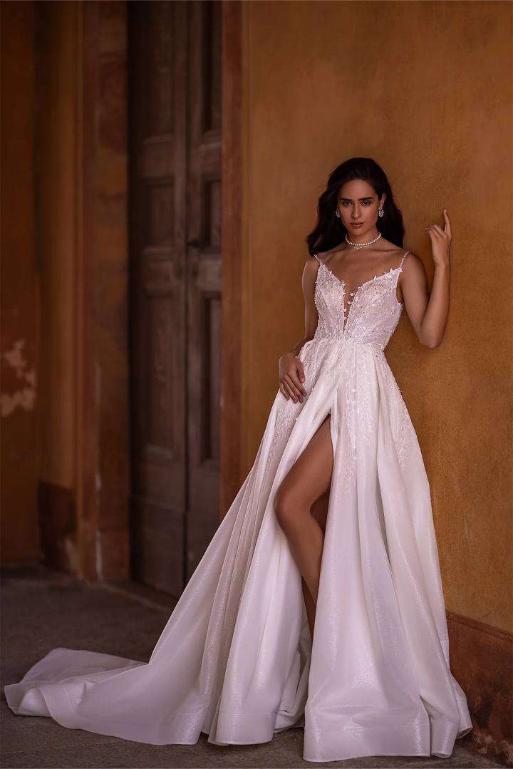 Ivory Satin Wedding Dress with V-Neck and High Thigh Slit – Spaghetti Strap Wedding Gown with Sparkling Detailing Plus Size