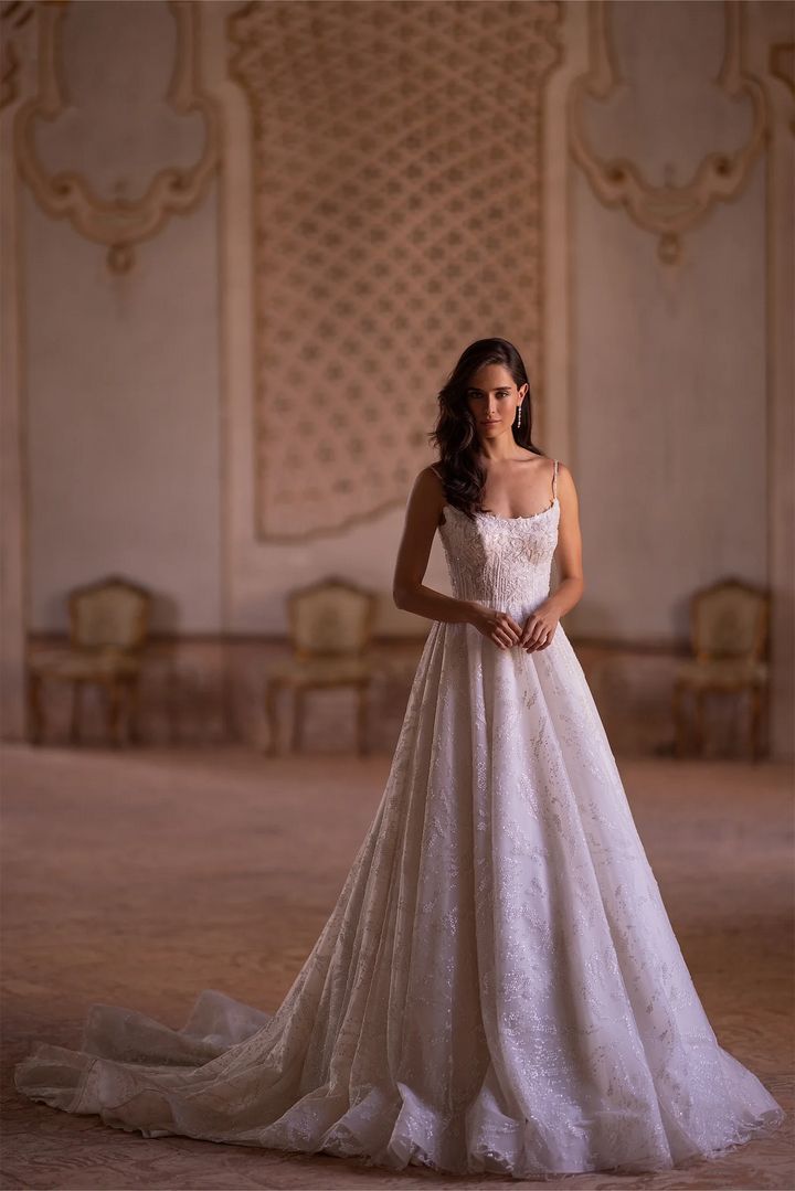 Ivory A-Line Wedding Dress with Floral Guipure Bodice – A-Line Spaghetti Strap Wedding dress with Floral Train Plus Size