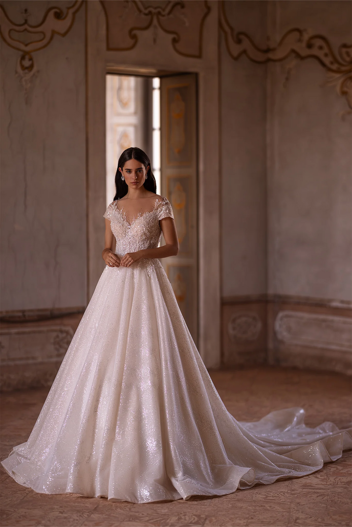 Ivory Sparkly Ball Gown Wedding Dress with Embellishments – Off-Shoulder Wedding Gown with Illusion Back and Jeweled Sleeves Plus Size