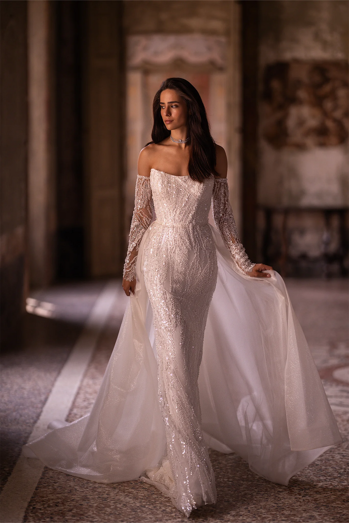 Ivory Tulle Mermaid Wedding Dress with Sparkling Embellishments – Off-Shoulder Wedding Gown with Sheer Train and Detachable Sleeves Plus Size