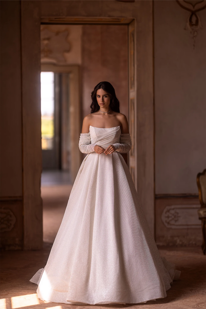 Ivory Sequin Wedding Dress with Off-the-Shoulder Sleeves – Sheer Sleeve Wedding Gown with Flowing Train Plus Size