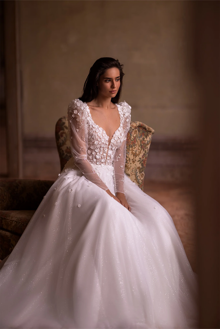 Ivory Lace A-Line Wedding Dress with Floral Embellishments – Long Sleeves Wedding Gown with Delicate Floral Detailing Plus Size