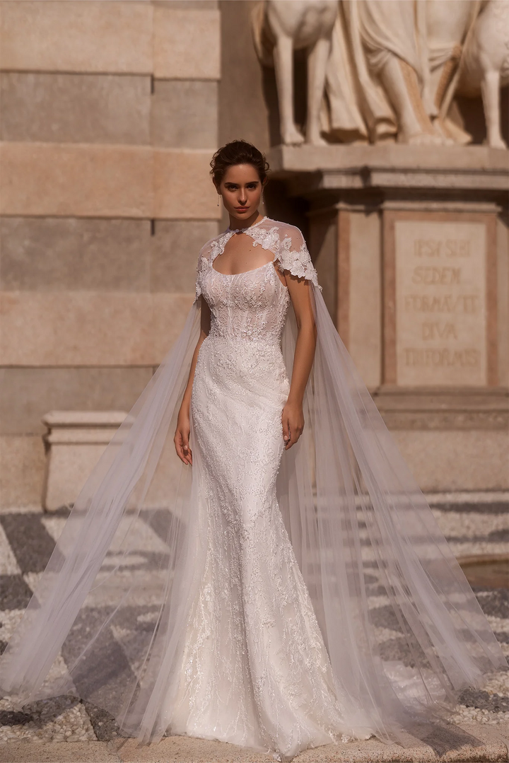 Ivory Tulle Mermaid Wedding Dress with Floral Lace Cape – Sparkly Mermaid Wedding Gown with Fitted Bodice Plus Size