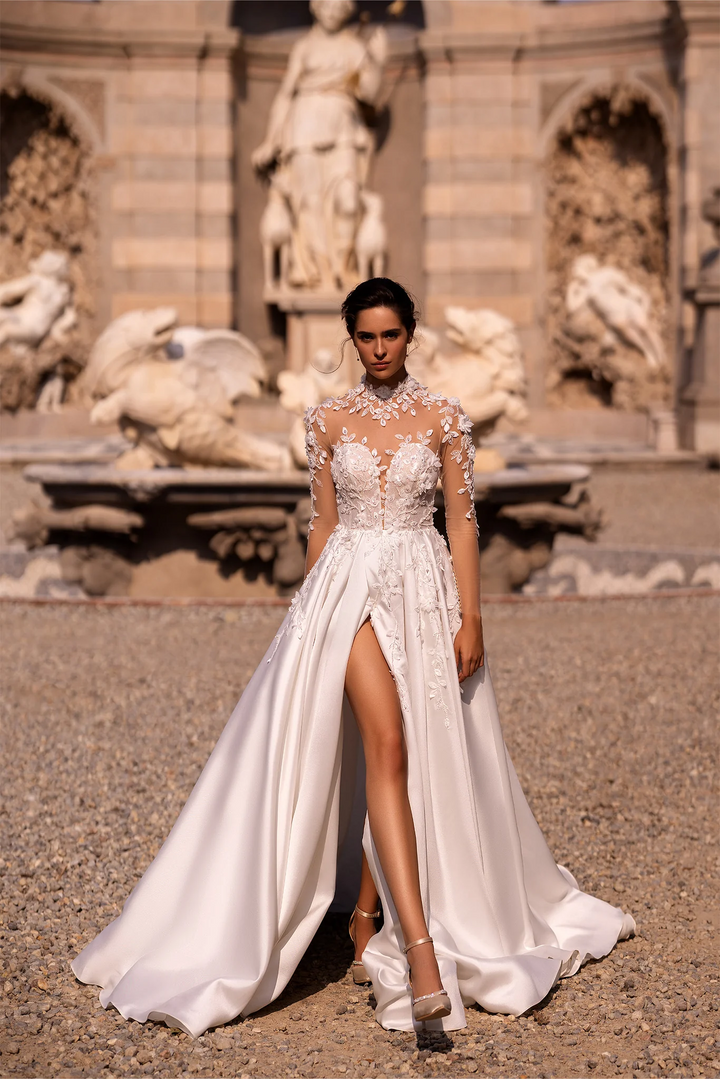 Ivory Satin Wedding Dress with Thigh Slit and V-Neck – Floral Embroidered Wedding Gown with Floral Long Sleeves Plus Size