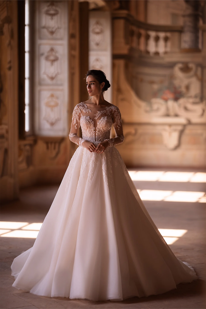 Ivory Long Sleeves Wedding Dress with V-Neck – Floral Wedding Dress with Flowing A-Line Skirt Plus Size