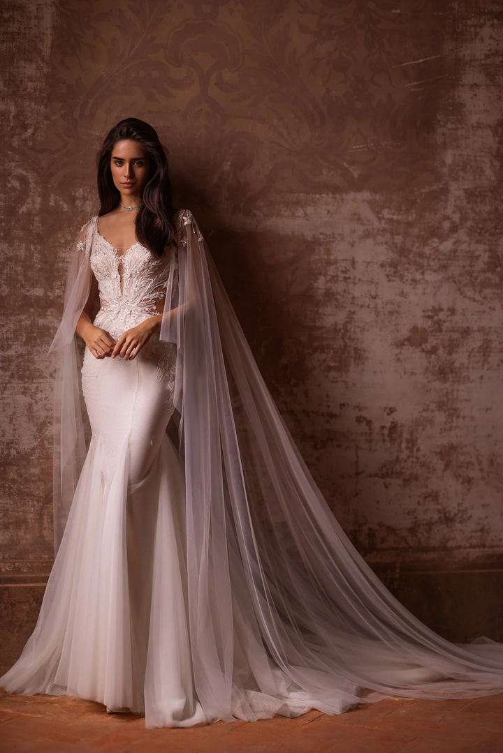 Ivory Tulle Mermaid Wedding Dress with Lace and Sheer Train – V-Neck Wedding Gown with Floral Lace Bodice and Sheer Veil Plus Size