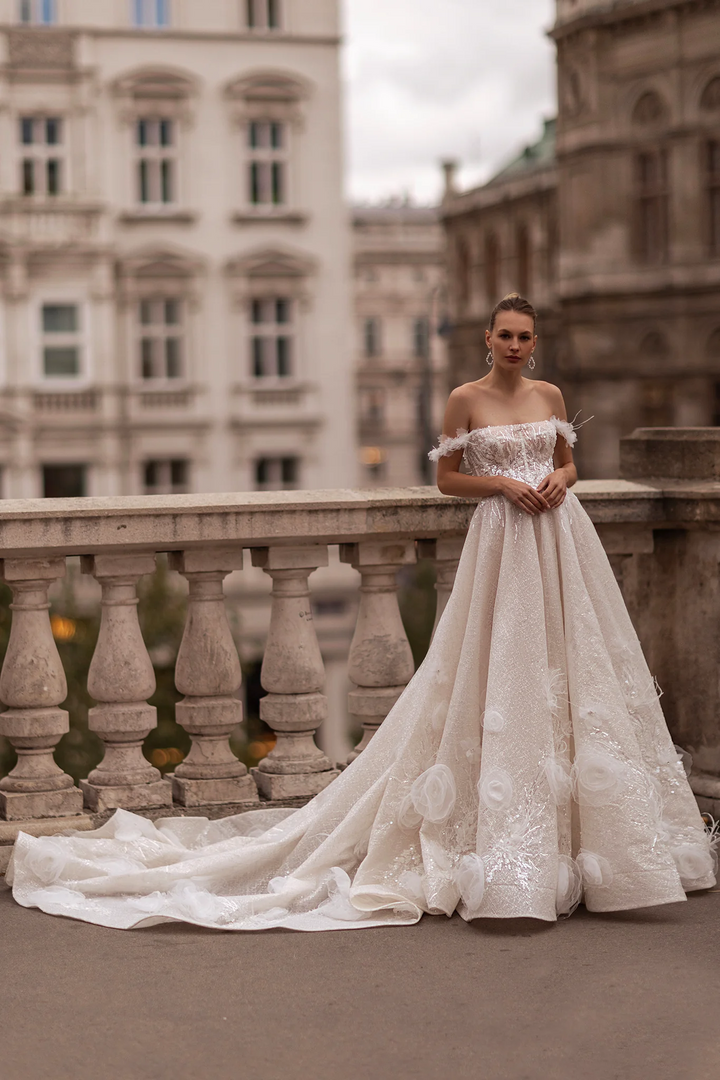 Off Shoulder Wedding Dress with Lace Sleeves – Elegant Wedding Dress with Embellishments and Chiffon Floral Hem Plus Size