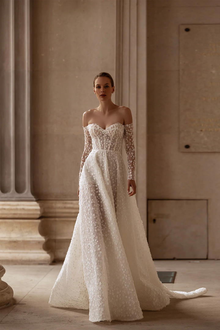 Strapless A-Line Wedding Dress with Lace Long Sleeves – Floral Embellished Wedding Gown with Romantic Details Plus Size
