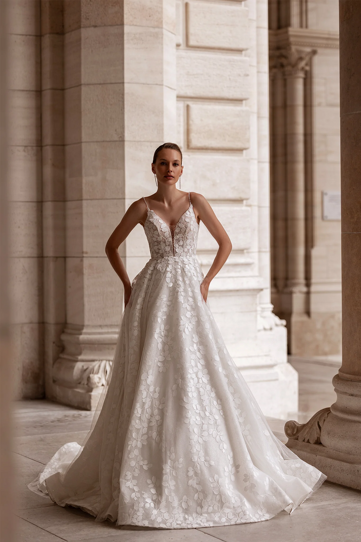 Chiffon Dress for Wedding - Spaghetti Straps Wedding Gown – Leaf Lace V-Neck Bridal Gown with Sparkling Accents Plus Size