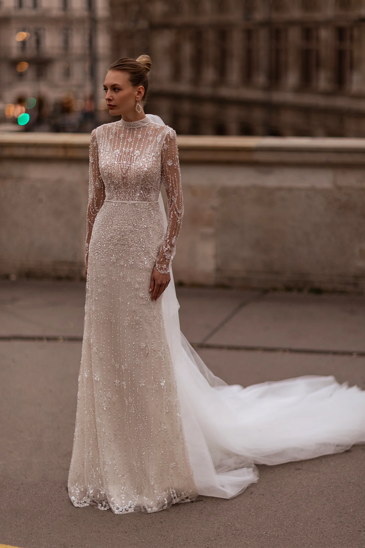 High Neck Wedding Dress for Wedding - Long Sleeves Wedding Dress – Sequin Wedding Gown with Open Back and Bow Train Plus Size