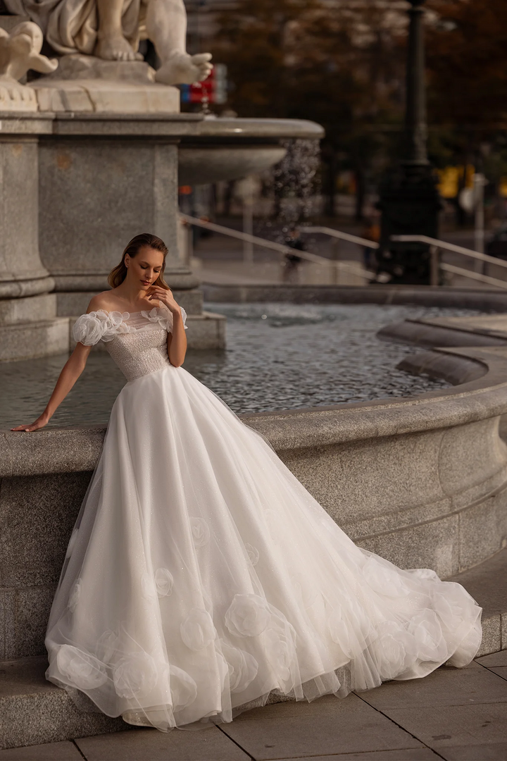 Off Shoulder Wedding Dress with Floral Sleeves – A-Line Tulle Wedding Gown    with Pearl Trim and Peony Appliqué Plus Size