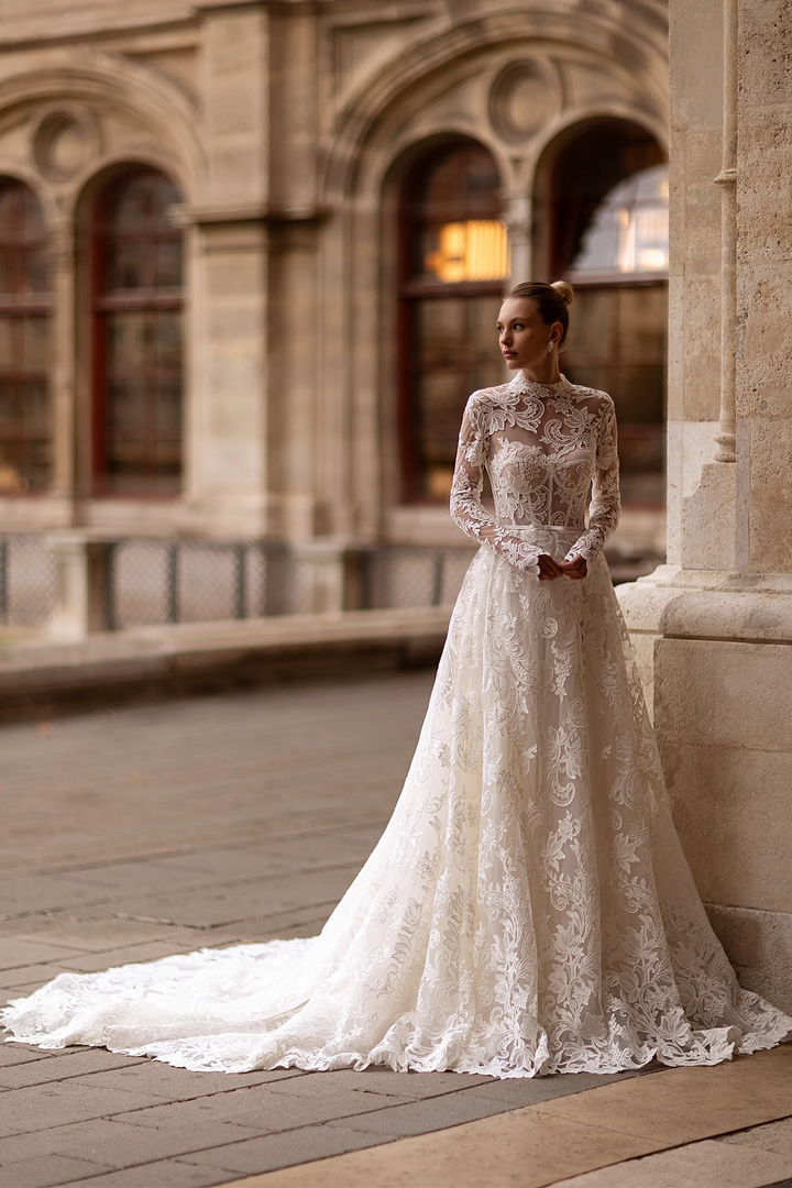 High Neck Wedding Dress with Long Sleeves – Wedding Gown Open Back Lace    with Waist Bow Plus Size