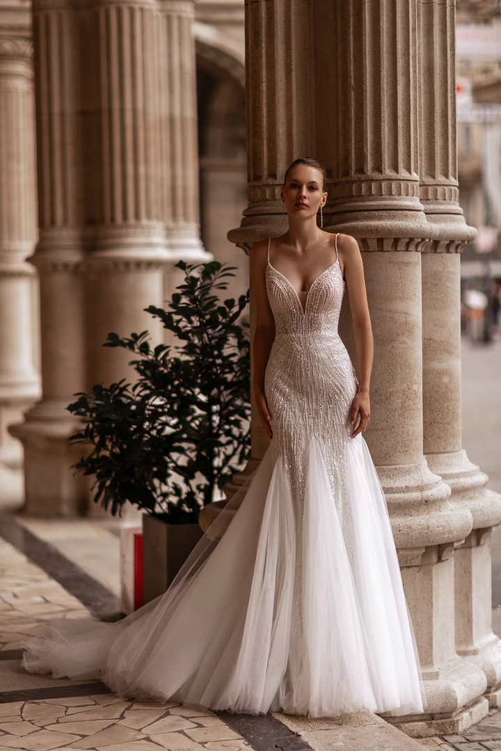 Trumpet Wedding Dress with Long Lace Sleeves – V-Neck Bridal Gown Trumpet Wedding Dress with Spaghetti Straps – Simple Bridal Gown with Pearl Back Straps and Sheer Train Plus Sizewith Rhinestones and Sheer Floral Waist Plus Size