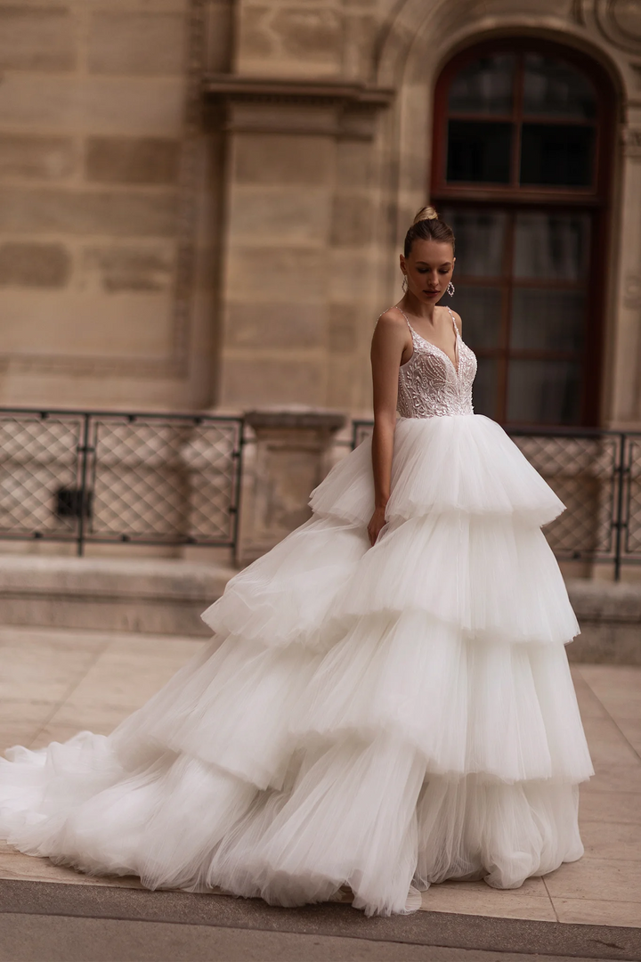 Spaghetti Strap Wedding Dress with Tiered Skirt – Layered Tulle Ruffle Dress with Pearl Leaf Bodice and Sheer Layers Plus Size