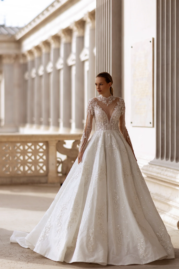 A-Line Wedding Dress with High Neck – Long Sleeves Wedding Dress with Floral Lace and Rhinestone Details Plus Size