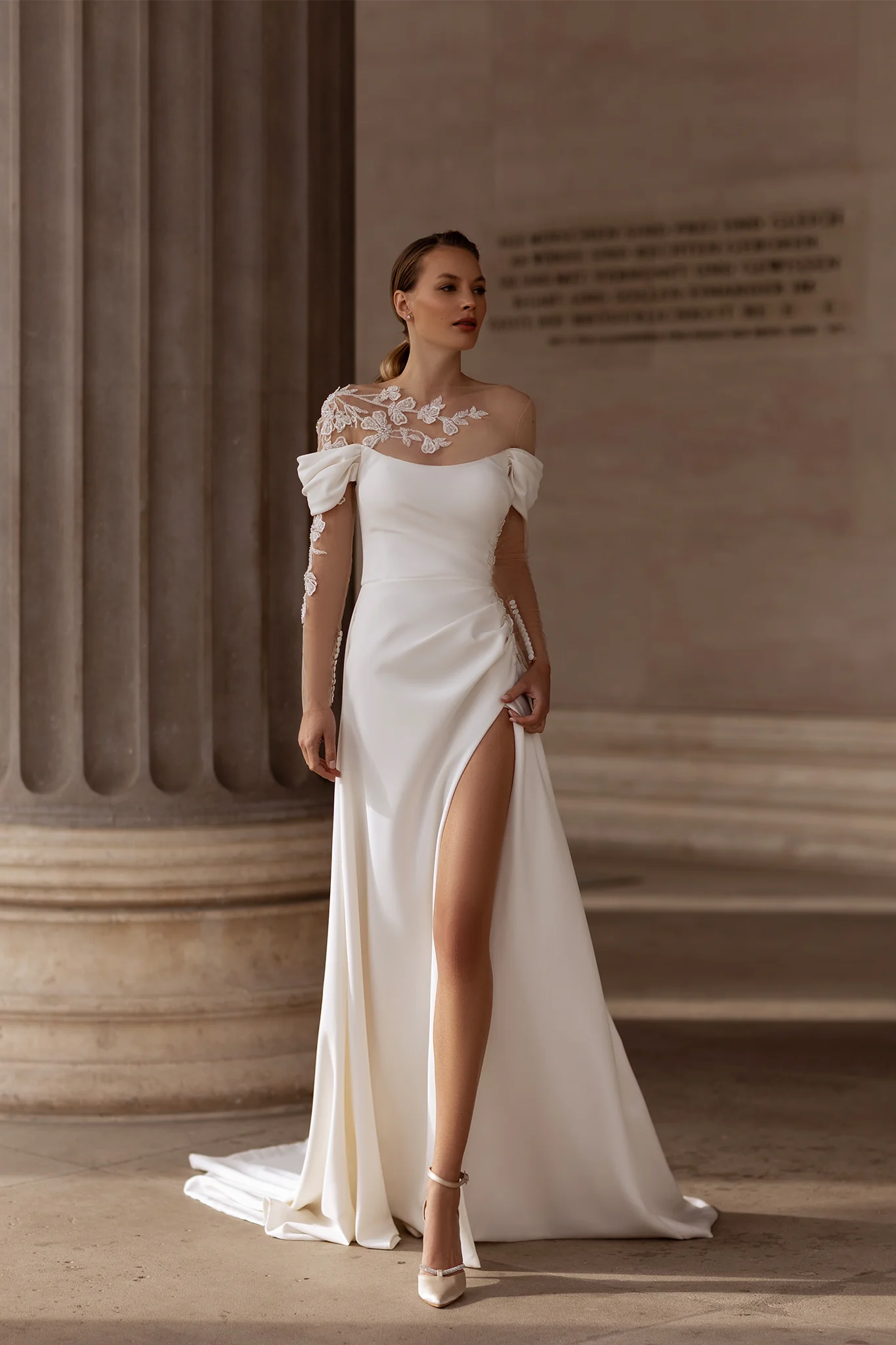 Off the Shoulder Draped Wrap Satin Bridal Party Dress main image 0