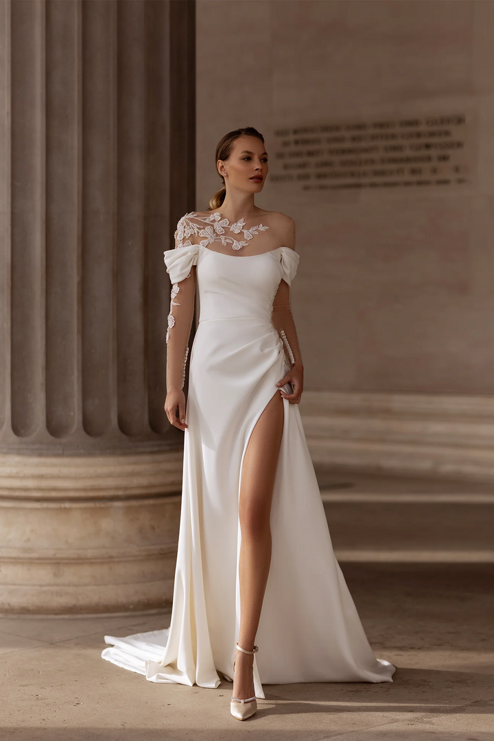 Off Shoulder Satin Wedding Dress with Optional Long Sleeves – Draped Bridal Gown with Lace Detail and Side Slit Plus Size