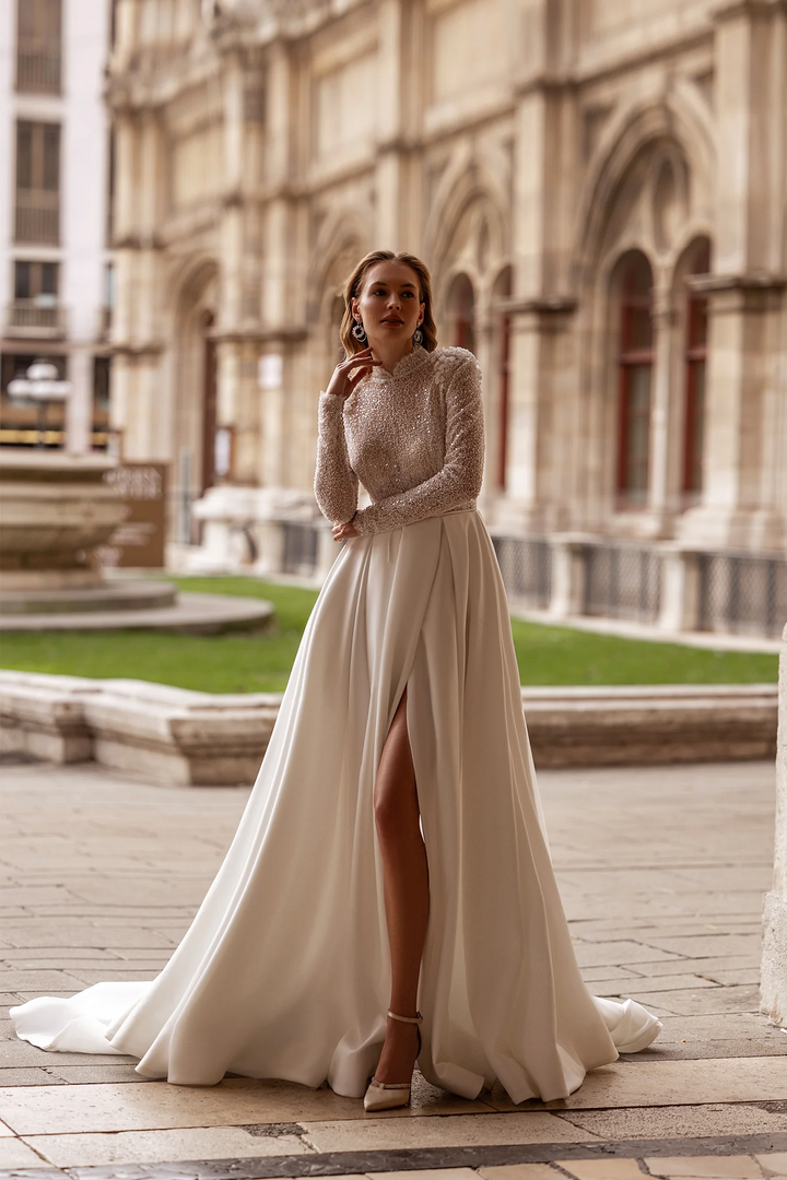 Satin Wedding Dress with Long Sleeves – Bodice Wedding Dress with Thigh Slit and Sequin Floral Details Plus Size