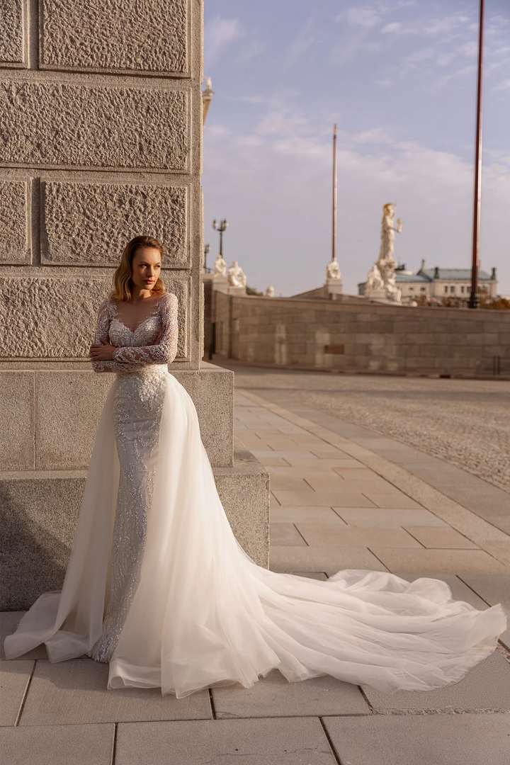 Mermaid Wedding Dress with Sequins – Sparkling Bridal Gown with Optional Sheer Train and Open Back Plus Size