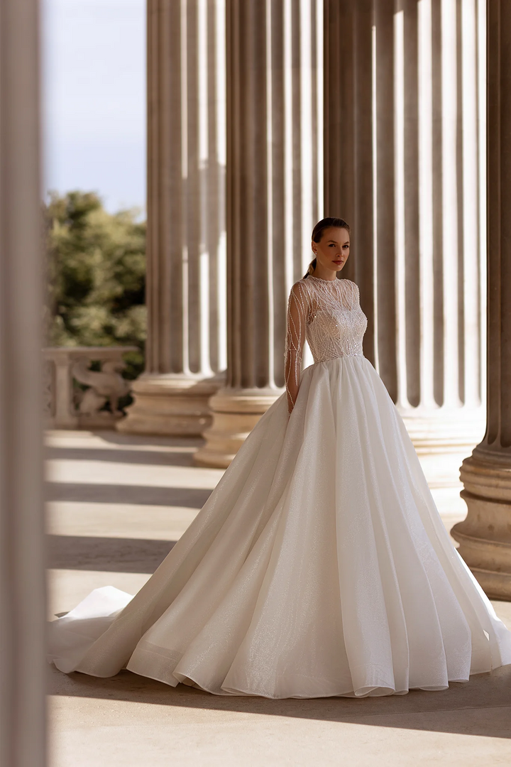 Ballgown Wedding Dresses with Sheer Long Sleeves – Crystal Wedding Dress with Sparkling Skirt and Classic Silhouette Plus Size
