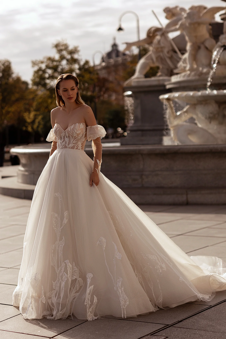 Sweetheart Wedding Dress with Long Puffed Sleeves – Floral Wedding Dress with Open Back and Wavy Skirt Plus Size