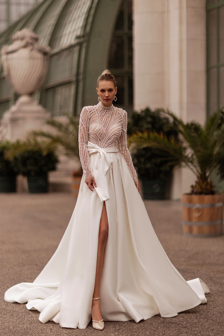 High Neck Wedding Dress with Long Sleeves – Bodice Wedding Dress with Side Bow and High Slit Skirt Plus Size