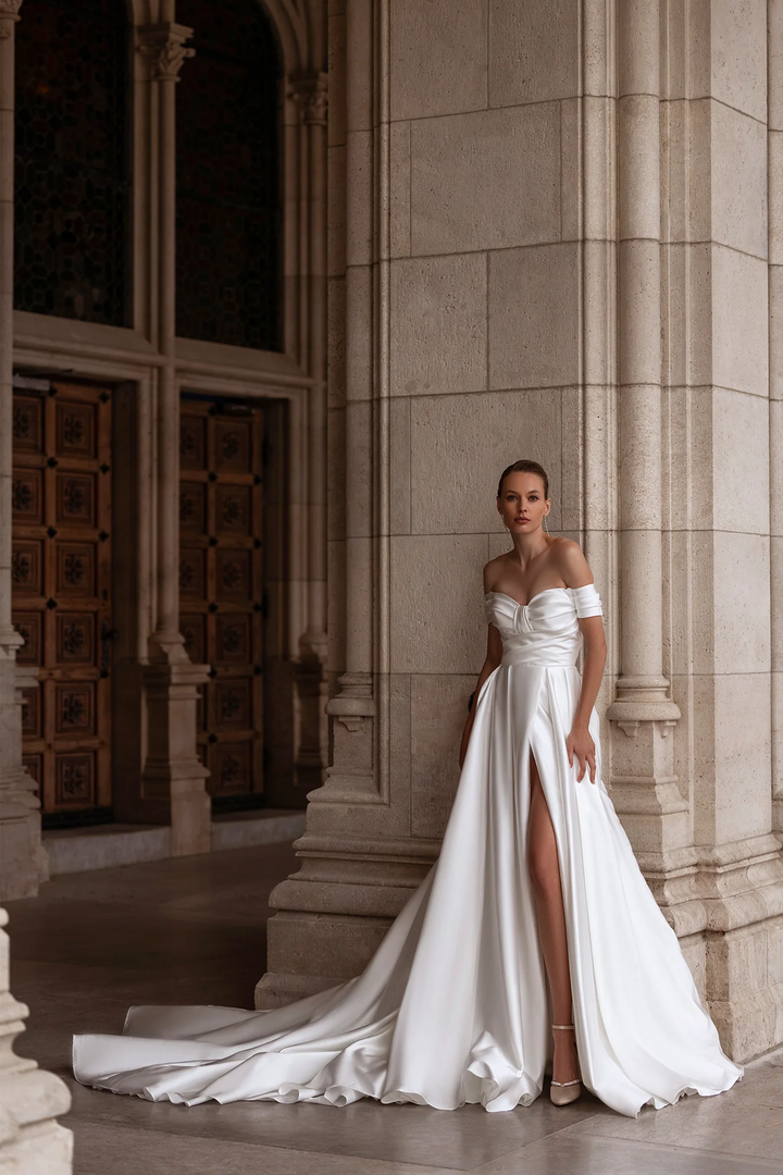Off Shoulder Wedding Dress with Draped Bodice - Sweetheart Neckline Wedding Dress – Satin Wedding Dress with Romantic Aesthetic Plus Size