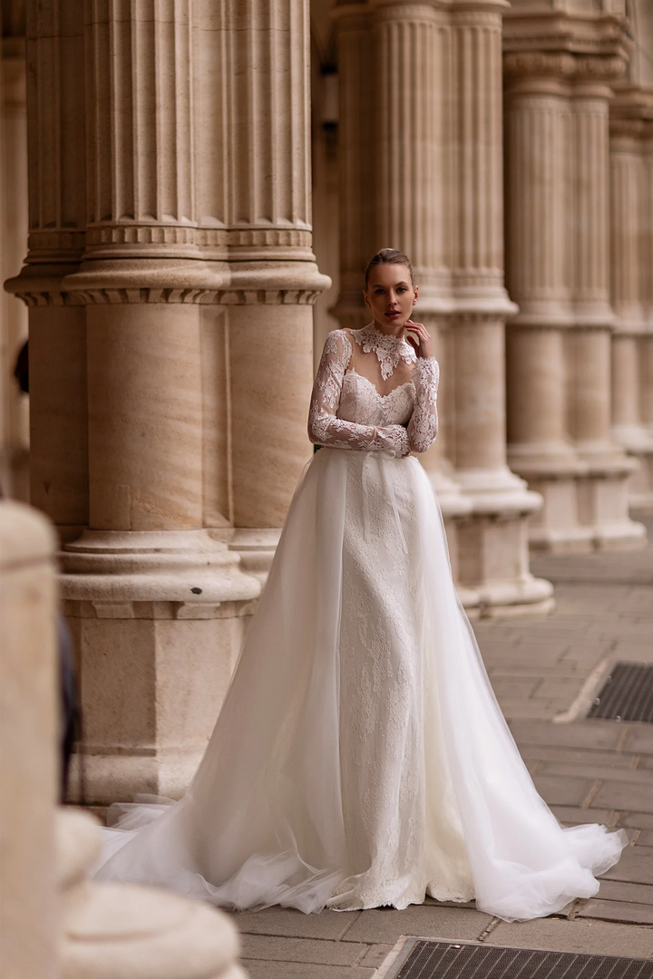 Straight Wedding Dress with Illusion Back – Lace Wedding Dress with Long Sleeves and Sheer Train Plus Size
