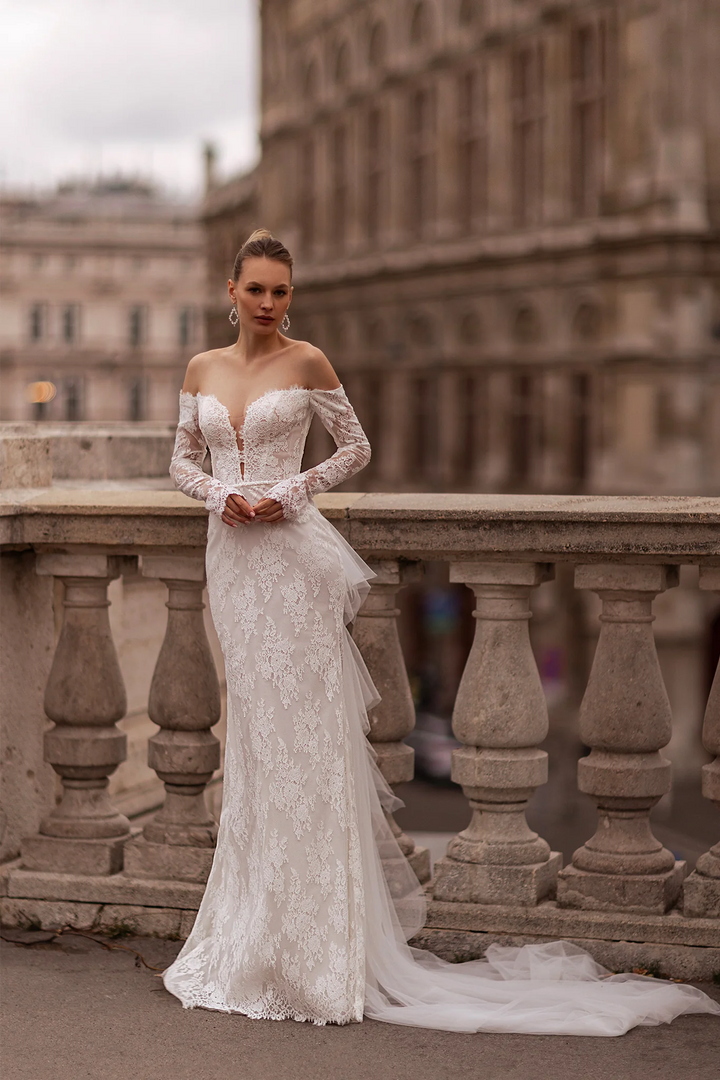 Off Shoulder Wedding Dress with Sweetheart Neckline – Straight Wedding Gown with Sheer Train and Floral Back Detail Plus Size