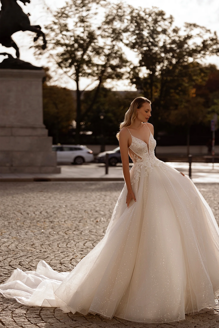 Spaghetti Strap Wedding Dress with Sparkling Lace – A-Line Wedding Dress with Sheer Back and Layered Chiffon Skirt Plus Size