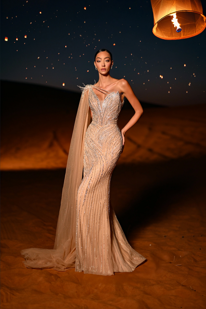 Champagne Embellished Gown with One Shoulder Feather Detail – Sequin and Feather Dress Plus Size