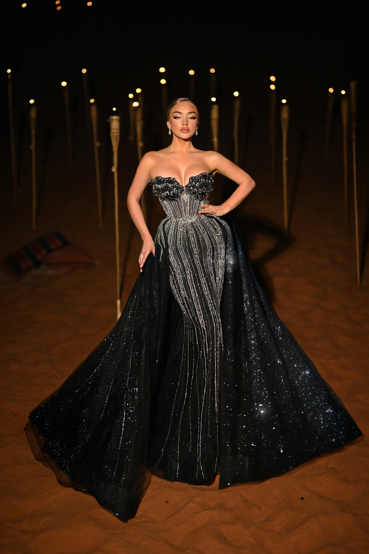 Black Sequin Evening Gown with Beaded Corset – Strapless Glitter Maxi Dress with High Slit and Sheer Train Plus Size