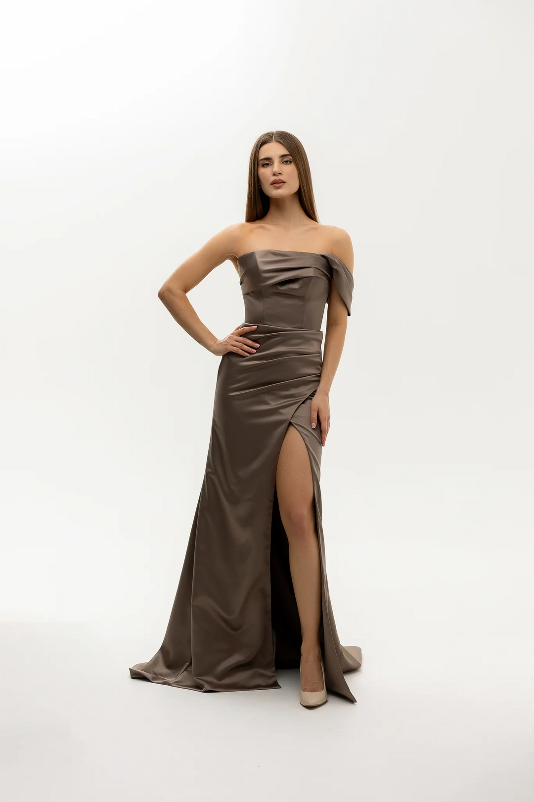 Brown Off the Shoulder Evening Dress – Evening Dress Designer with Structured Bodice Plus Size